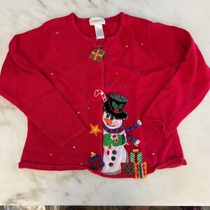 Chadwicks Red Snowman Sequin Beaded Ugly Christmas‎ Sweater Cardigan Womens M